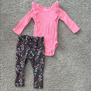 Baby Girl 12M Pink Ruffled Bodysuit and Floral Leggings Set
